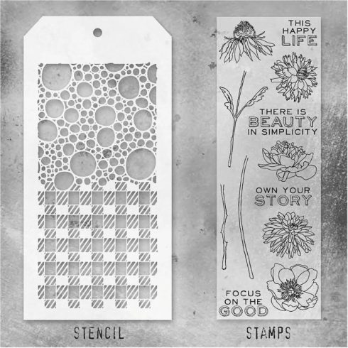 Tim Holtz Stampers Anonymous – Flower, Bubbles and Gingham leimasinsetti + sapluuna