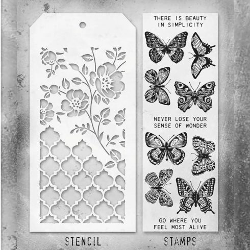 Tim Holtz Stampers Anonymous – Flutter, Floral and Trellis leimasinsetti + sapluuna