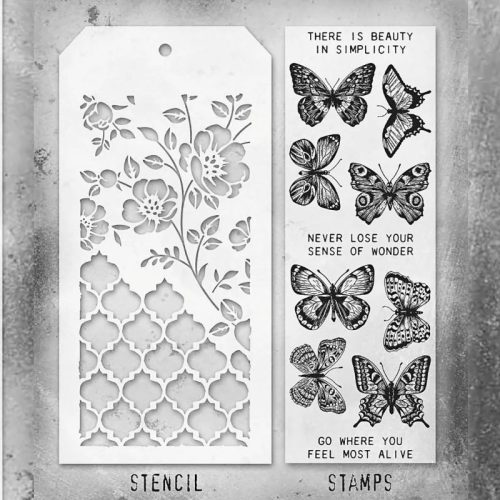 Tim Holtz Stampers Anonymous – Flutter, Floral and Trellis leimasinsetti + sapluuna