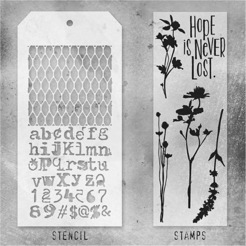 Tim Holtz Stampers Anonymous – Mesh, Typo and Wildflowers leimasinsetti + sapluuna