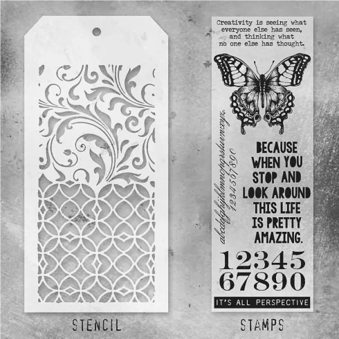 Tim Holtz Stampers Anonymous – Flourish and Latticework leimasinsetti + sapluuna