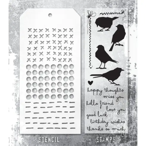 Tim Holtz Stampers Anonymous – Birds, Stitches, Dots & Dashes leimasinsetti + sapluuna