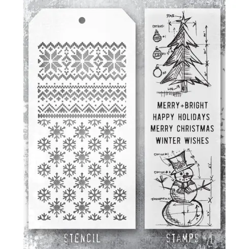 Tim Holtz Stampers Anonymous – Blue Prints, Flurries and Knit leimasinsetti + sapluuna