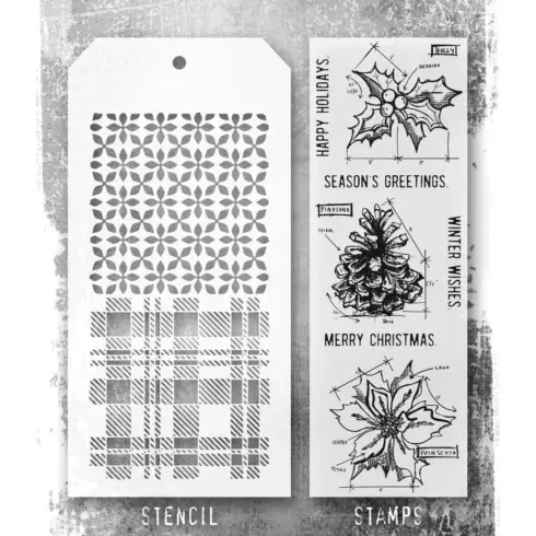 Tim Holtz Stampers Anonymous – Blue Prints, Plaid and Nordic leimasinsetti + sapluuna
