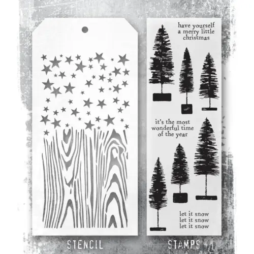 Tim Holtz Stampers Anonymous – Trees, Woodgrain and Stars leimasinsetti + sapluuna