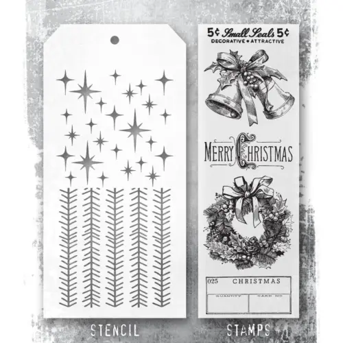 Tim Holtz Stampers Anonymous – Store, Tinsel and Sparkle leimasinsetti + sapluuna