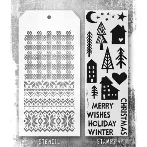 Tim Holtz Stampers Anonymous – Festive Print, Knit and Gingham leimasinsetti + sapluuna