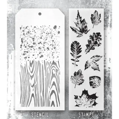 Tim Holtz Stampers Anonymous – Leaf Prints 2, Speckles, Woodgrain leimasinsetti + sapluuna