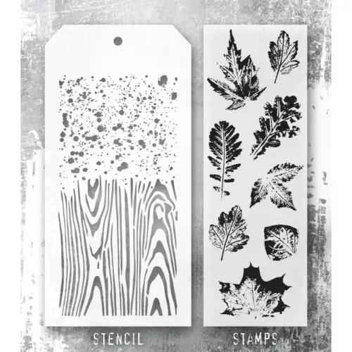 Tim Holtz Stampers Anonymous – Leaf Prints 2, Speckles, Woodgrain leimasinsetti + sapluuna