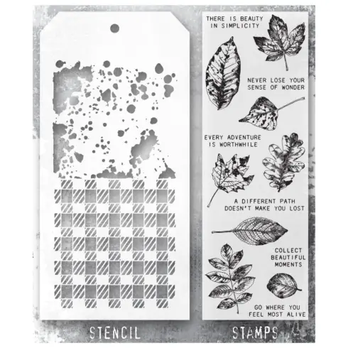 Tim Holtz Stampers Anonymous – Nature, Gingham and Grime leimasinsetti + sapluuna