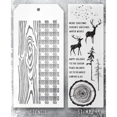 Tim Holtz Stampers Anonymous – Outdoors, Woodgrain and Gingham leimasinsetti + sapluuna
