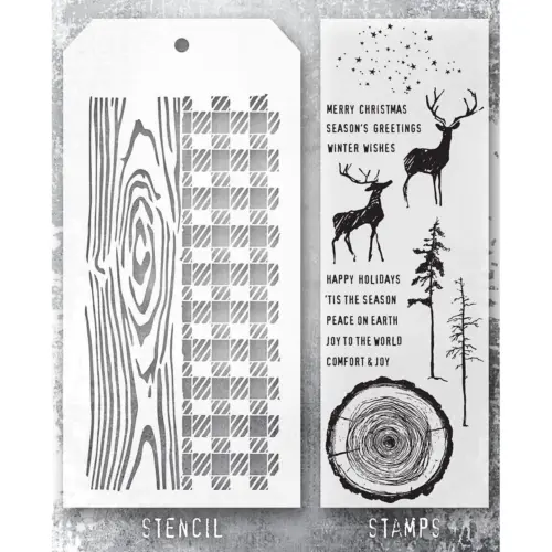 Tim Holtz Stampers Anonymous – Outdoors, Woodgrain and Gingham leimasinsetti + sapluuna