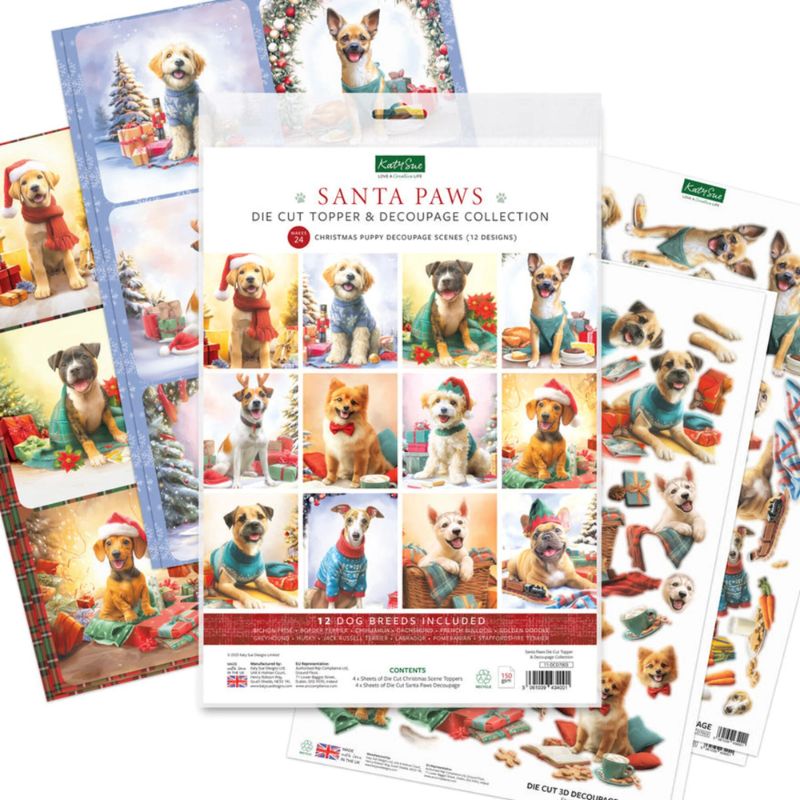 Katy Sue Designs – Santa Paws 3D-arkit ja korttikuvat (24+24kpl) A4