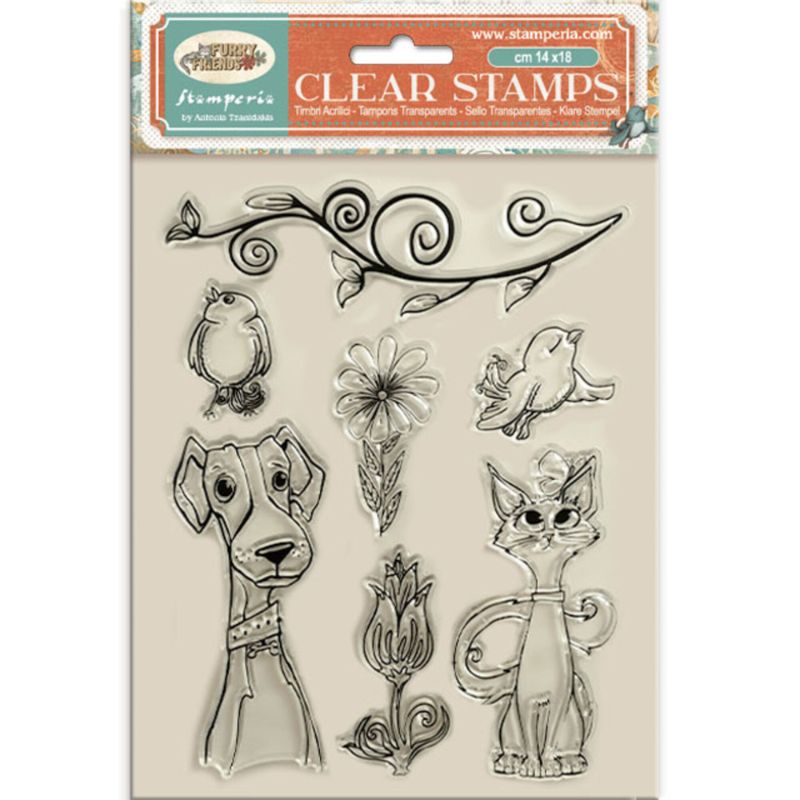 Stamperia Clear Stamps – Furry Friends Dog, Cat and Flowers leimasinsetti