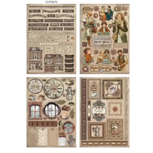 Stamperia Coffee and Chocolate Junk Journal Stickers Backgrounds Cut Outs lehtio 16 kpl