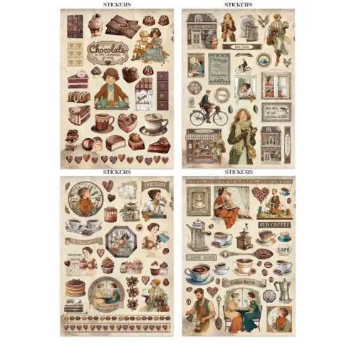 Stamperia – Coffee and Chocolate Junk Journal Stickers Backgrounds Cut Outs lehtio 16 kpl