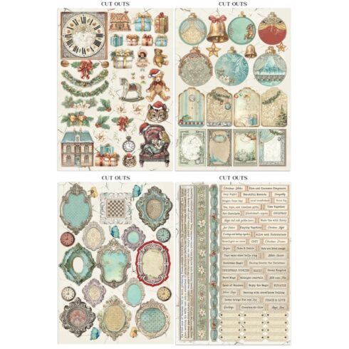 Stamperia Alice in Christmas Junk Journal Stickers Backgrounds Cut Outs lehtio 16 kpl A4 1