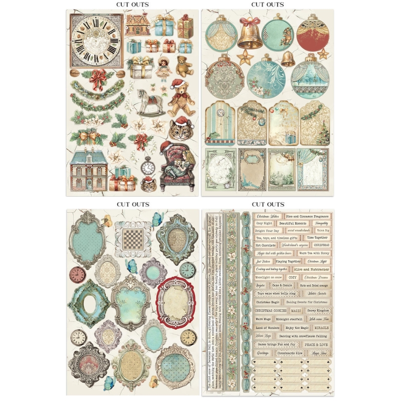 Stamperia – Alice in Christmas Junk Journal Stickers, Backgrounds, Cut-Outs lehtiö (16 kpl) A4 - Image 4