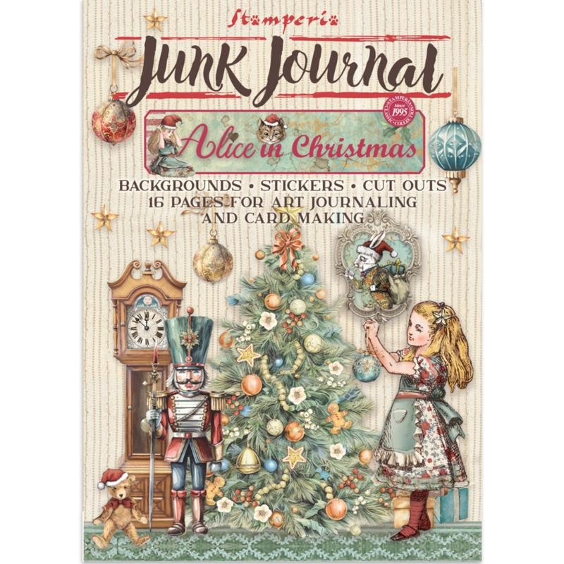 Stamperia – Alice in Christmas Junk Journal Stickers, Backgrounds, Cut-Outs lehtiö (16 kpl) A4