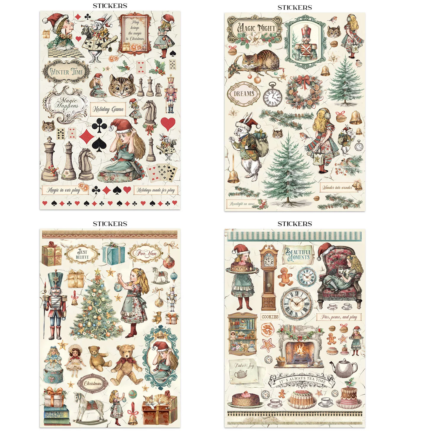 Stamperia – Alice in Christmas Junk Journal Stickers, Backgrounds, Cut-Outs lehtiö (16 kpl) A4 - Image 3