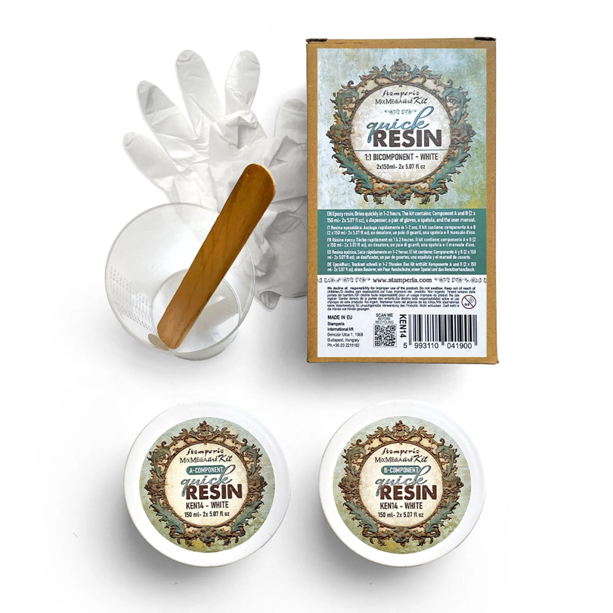 Stamperia – Quick Resin 1:1 Bicomponent White epoksihartsi A+B Setti (150ml x 2 kpl)