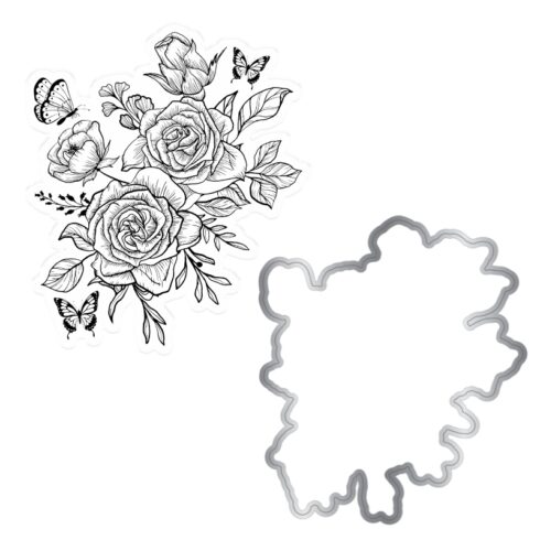Crafters Companion Stamp and Die stanssi ja leimasin BUTTERFLY ROSE BLOOMS 2