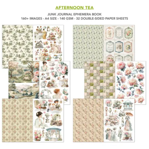 Ciao Bella Afternoon Tea Junk Journal Ephemera Book lehtio 32 kpl