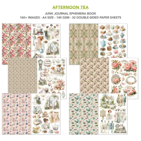 Ciao Bella Afternoon Tea Junk Journal Ephemera Book lehtio 32 kpl A4