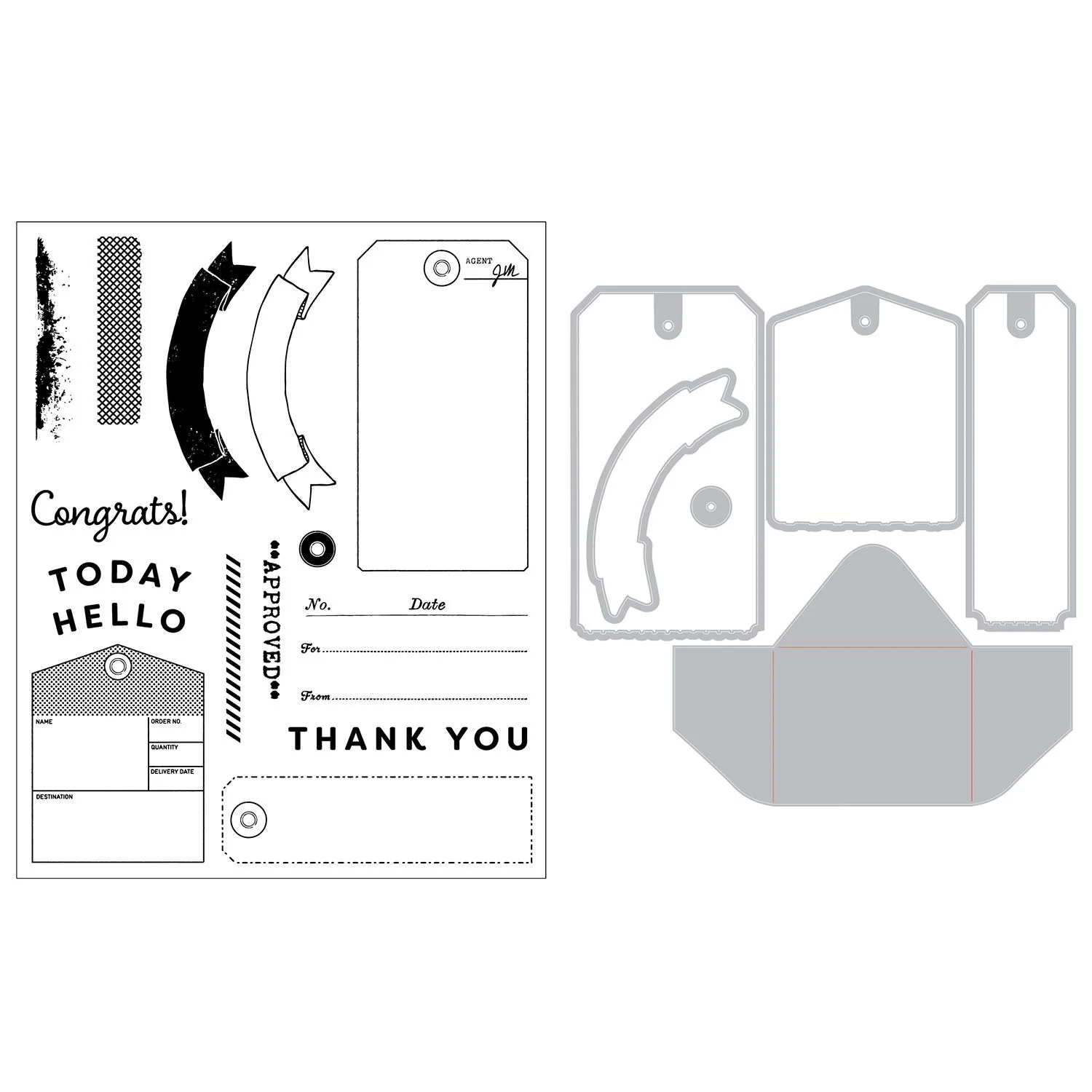 Sizzix & 49 and Market Stamps w/ Framelits leimasin ja stanssi – TAG IT (6+17 kpl) - Image 3