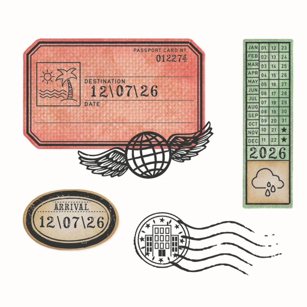 Sizzix & 49 and Market Stamps w/ Framelits leimasin ja stanssi – GLOBETROTTER'S MARK (62+4 kpl) - Image 2