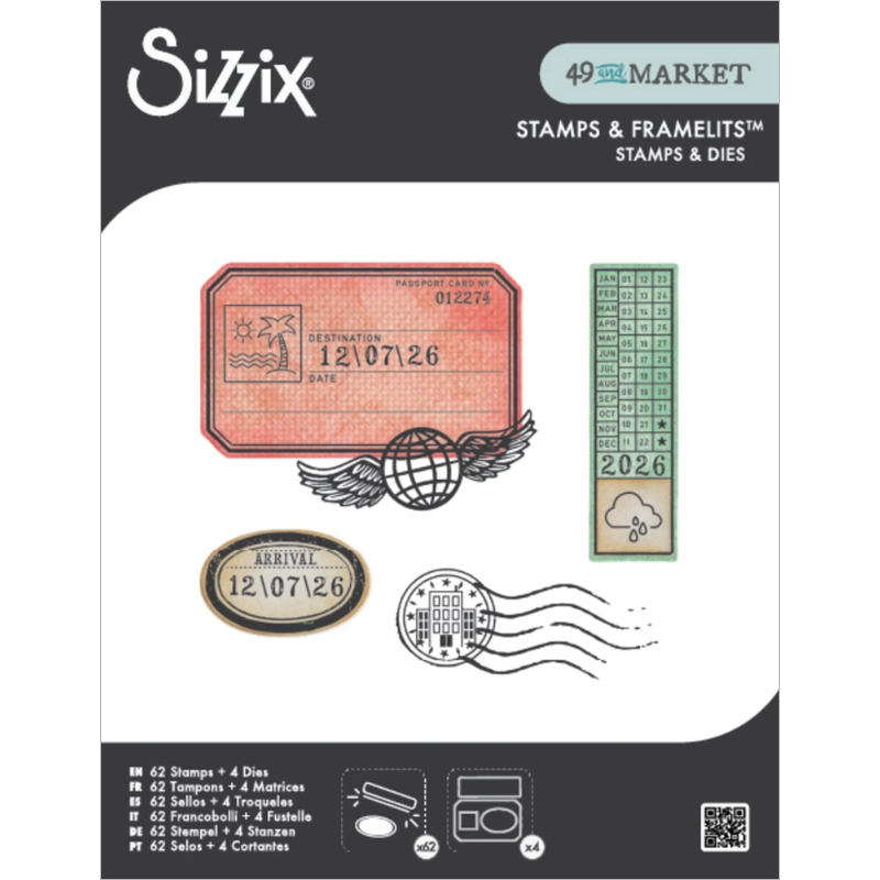 Sizzix & 49 and Market Stamps w/ Framelits leimasin ja stanssi – GLOBETROTTER'S MARK (62+4 kpl)