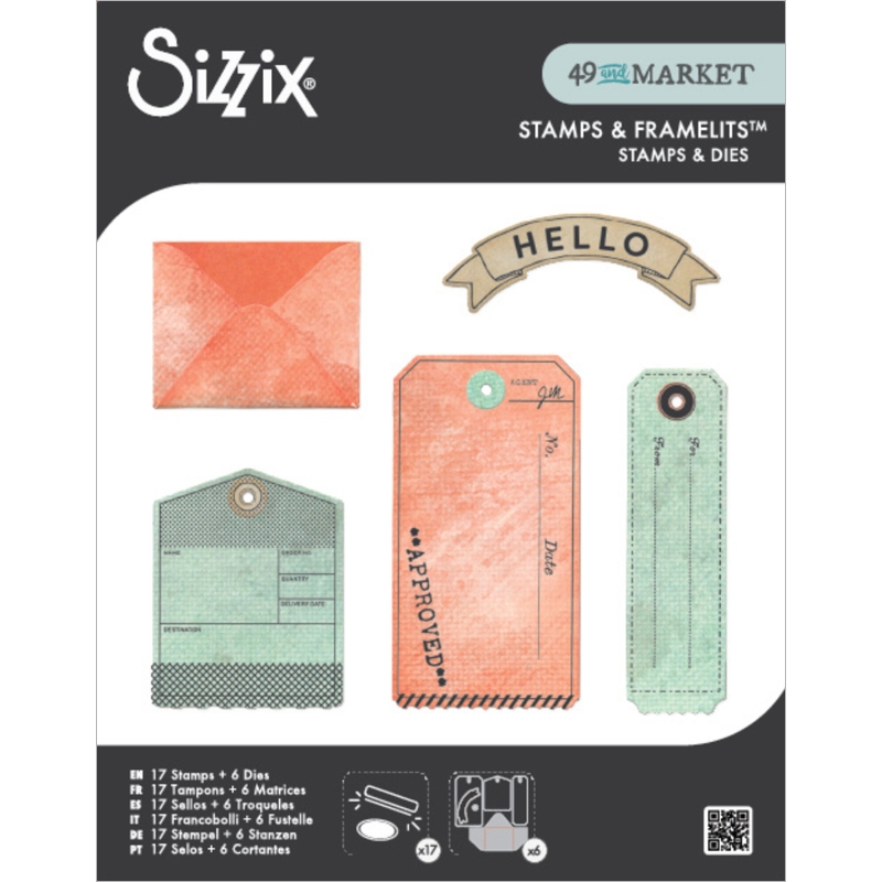 Sizzix & 49 and Market Stamps w/ Framelits leimasin ja stanssi – TAG IT (6+17 kpl)