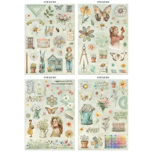 Stamperia Daisy Art Junk Journal Stickers Backgrounds Cut Outs lehtio 16 kpl