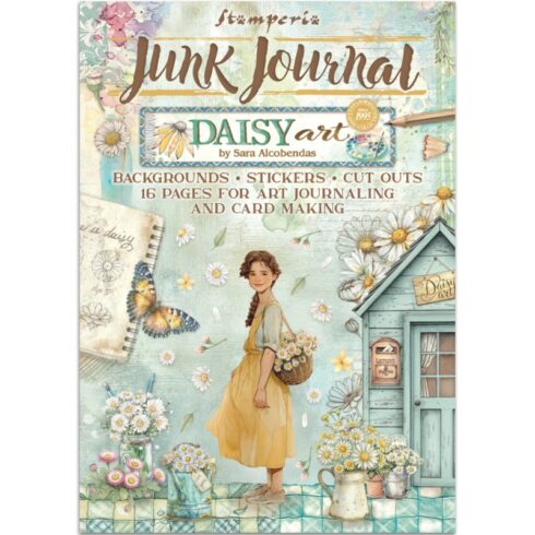 Stamperia – Daisy Art Junk Journal Stickers, Backgrounds, Cut-Outs lehtiö (16 kpl) A4