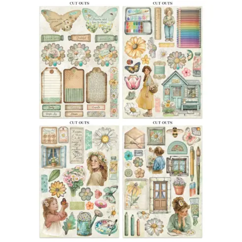 Stamperia Daisy Art Junk Journal Stickers Backgrounds Cut Outs lehtio 16 kpl A4