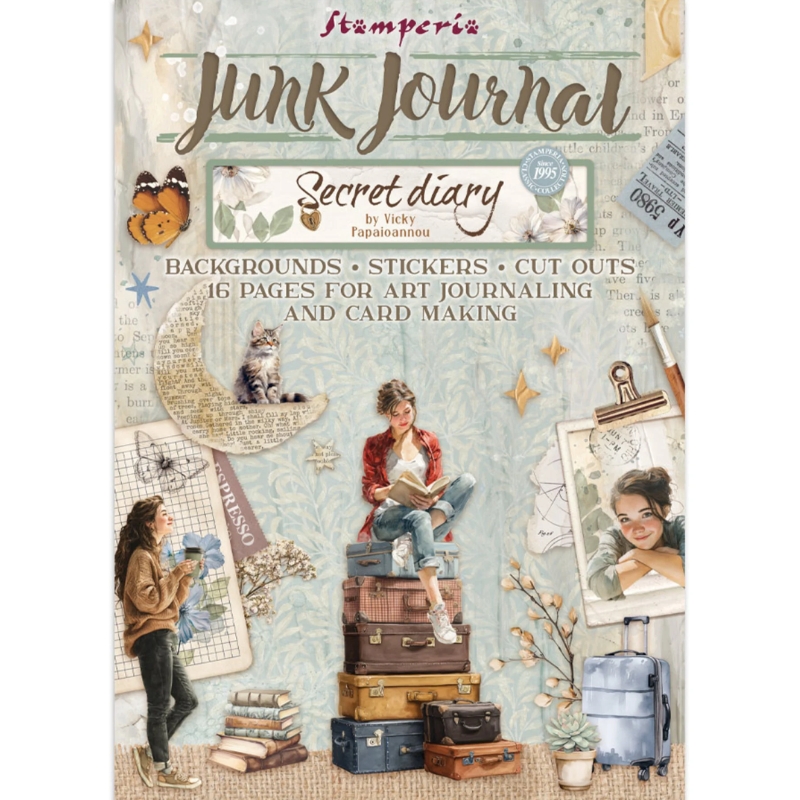 Stamperia Secret Diary Junk Journal Stickers, Backgrounds, Cut-Outs lehtiö (16 kpl) A4