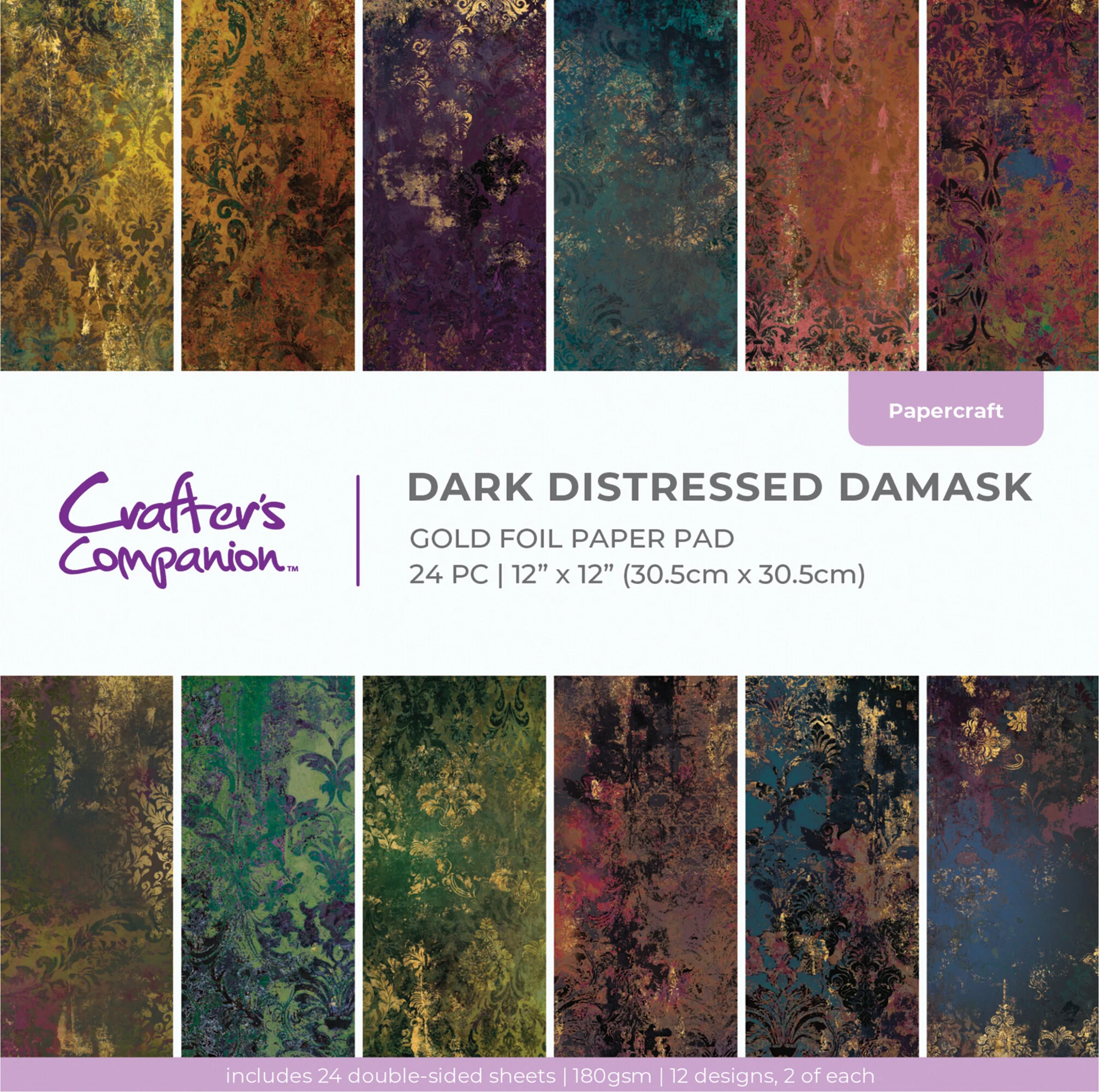 Crafter's Companion Foiled Paper – Dark Distressed Damask paperilehtiö (kultafoilaus) 30 x 30 cm