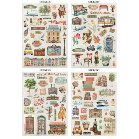 Stamperia Art of Travelling Junk Journal Stickers Backgrounds Cut Outs lehtio 16 kpl A4 1