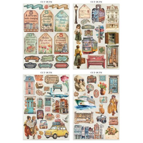 Stamperia – Art of Travelling Junk Journal Stickers Backgrounds Cut Outs lehtio 16 kpl