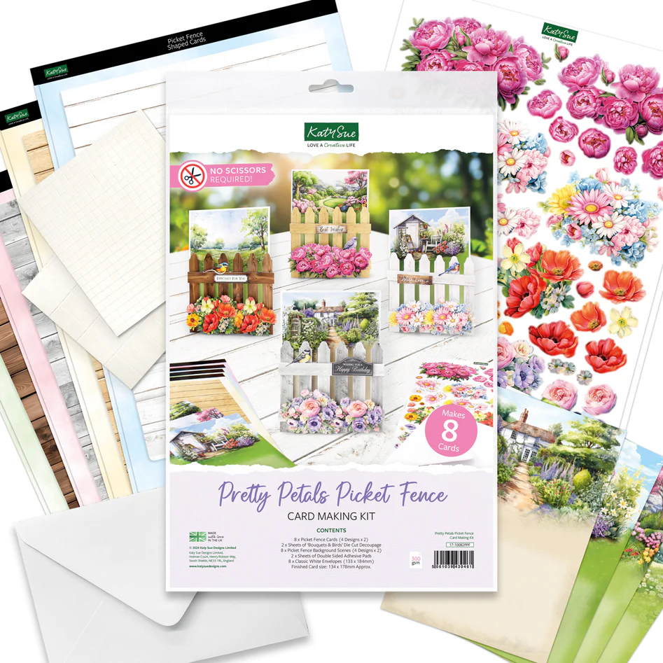 Katy Sue Designs Card Making Kit – Pretty Petals Picket Fence Korttipakkaus (8 kpl)