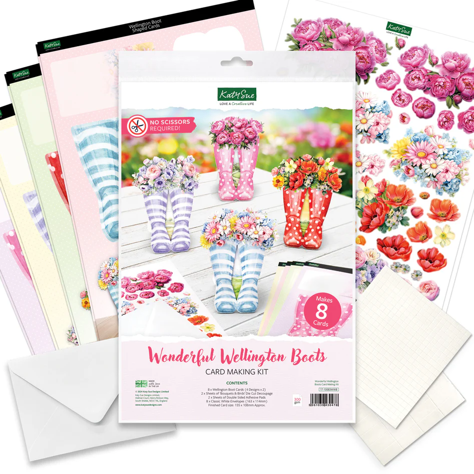 Katy Sue Designs Card Making Kit – Wonderful Wellington Boots Korttipakkaus (8 kpl)