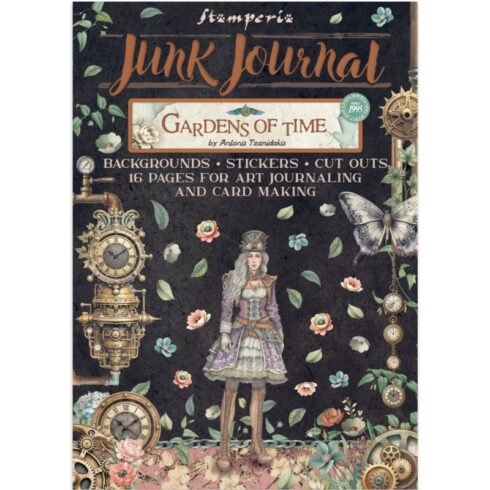 Stamperia – Gardens of Time Junk Journal Stickers, Backgrounds, Cut-Outs lehtiö (16 kpl) A4