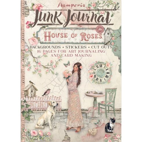 Stamperia House of Roses Junk Journal Stickers, Backgrounds, Cut-Outs lehtiö (16 kpl) A4