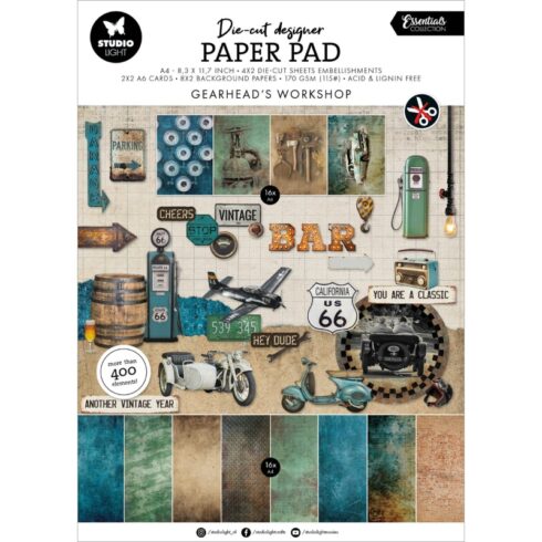 Studio Light Die-Cut Designer Paper Pad Gearhead Workshop lehtiö A4