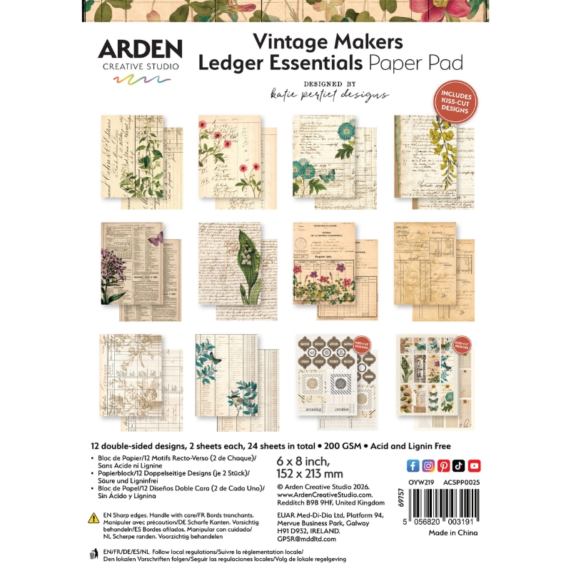 Arden Creative Studio – Vintage Makers Ledger Essentials Paper Pad paperilajitelma - Image 2