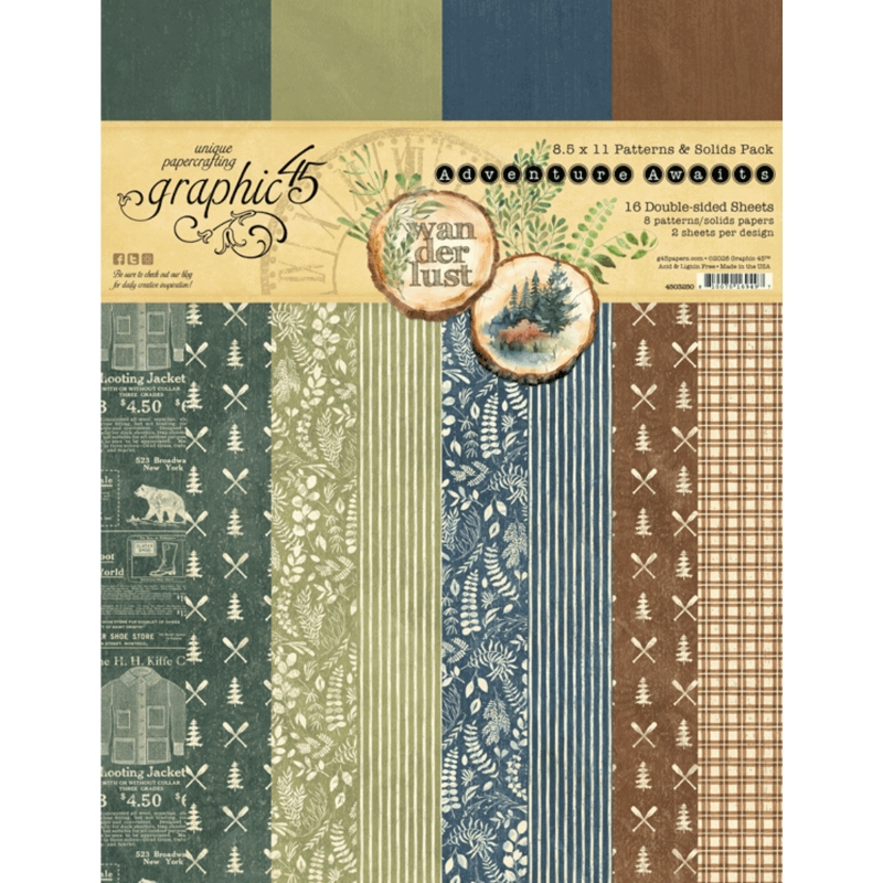 Graphic 45 Adventure Awaits Patterns & Solids Pack paperilajitelma