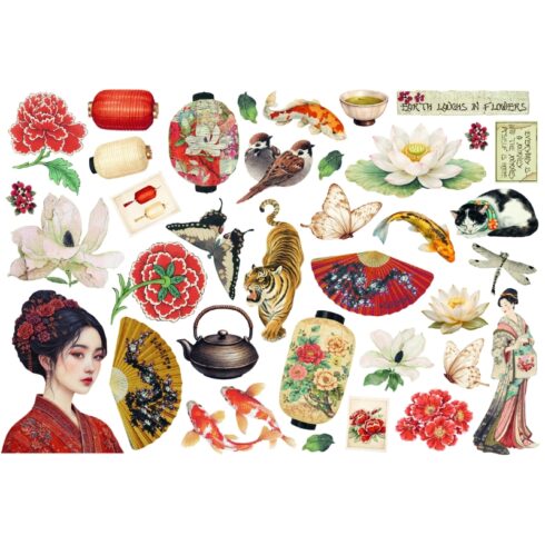 Stamperia Ephemera Oriental Garden leikekuvat liimataustalla (36 kpl)