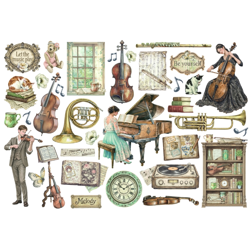 Stamperia Ephemera Symphony leikekuvat liimataustalla (35 kpl)
