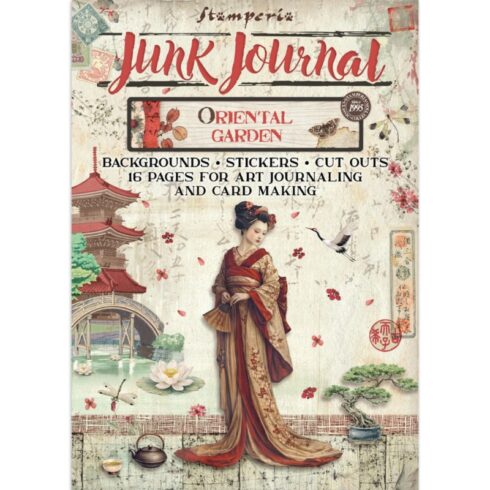 Stamperia Oriental Garden Junk Journal Stickers, Backgrounds, Cut-Outs lehtiö (16 kpl) A4