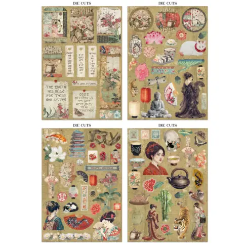 Stamperia Oriental Garden Junk Journal Stickers Backgrounds Cut Outs lehtio 16 kpl A4